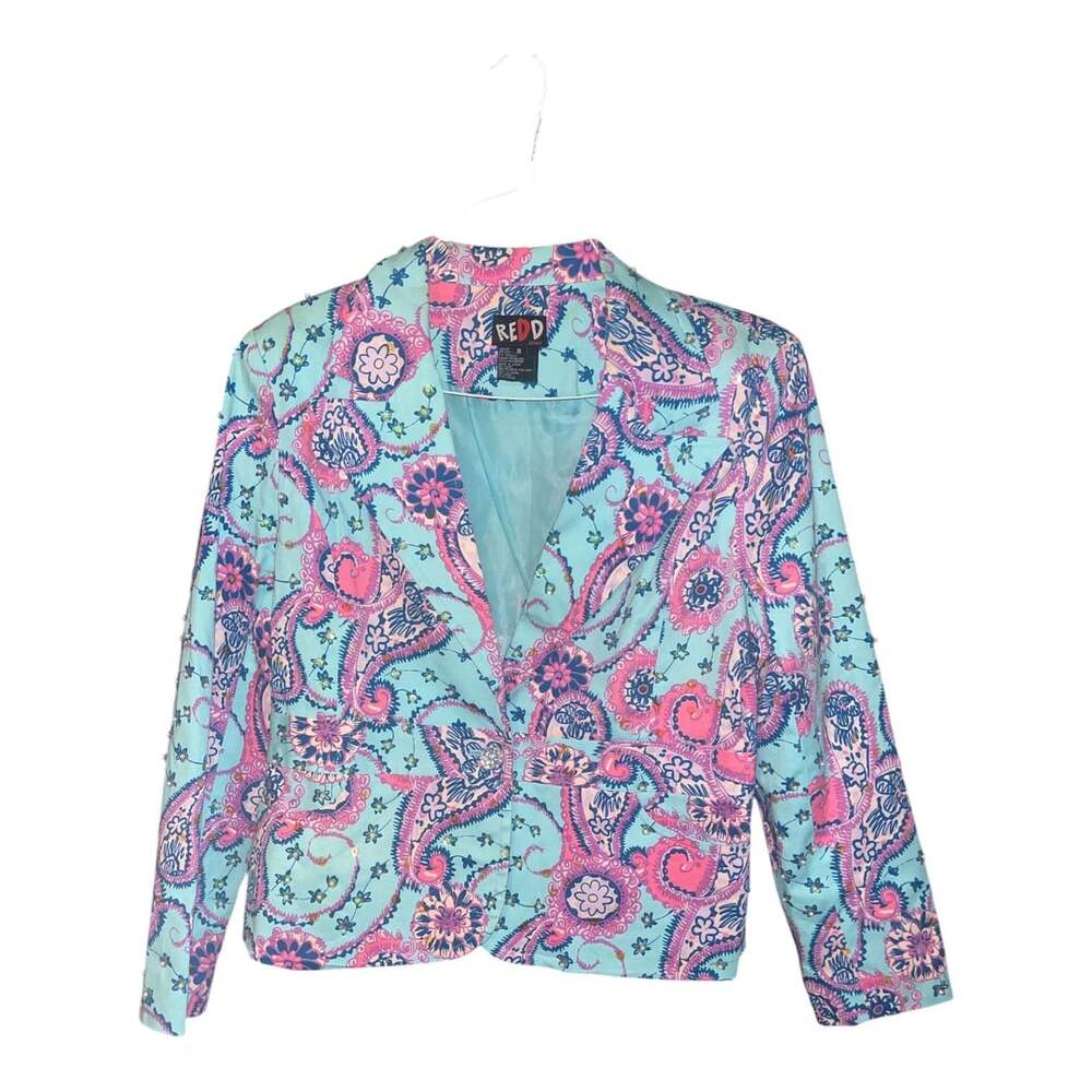 REDD Jeans Women's Size 8 Aqua Blue Pink Paisley Sequin Blazer Jacket